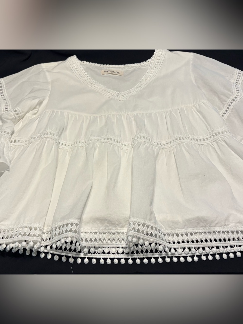 IMPRESSIONS, Beautiful White V-Neck Cotton Lace Tiered Peasant Blouse, Size L